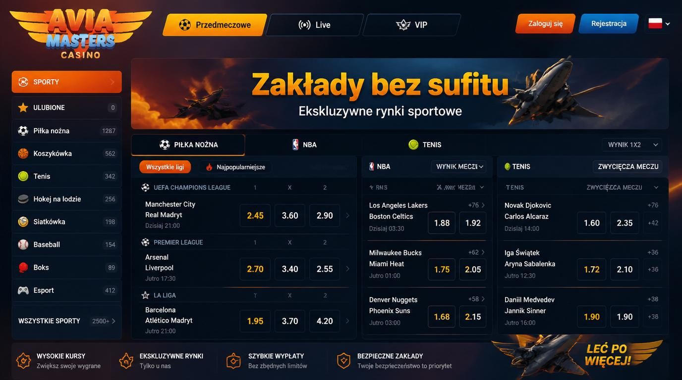 Interfejs pokazujący wysokie limity i szeroki wybór wydarzeń sportowych