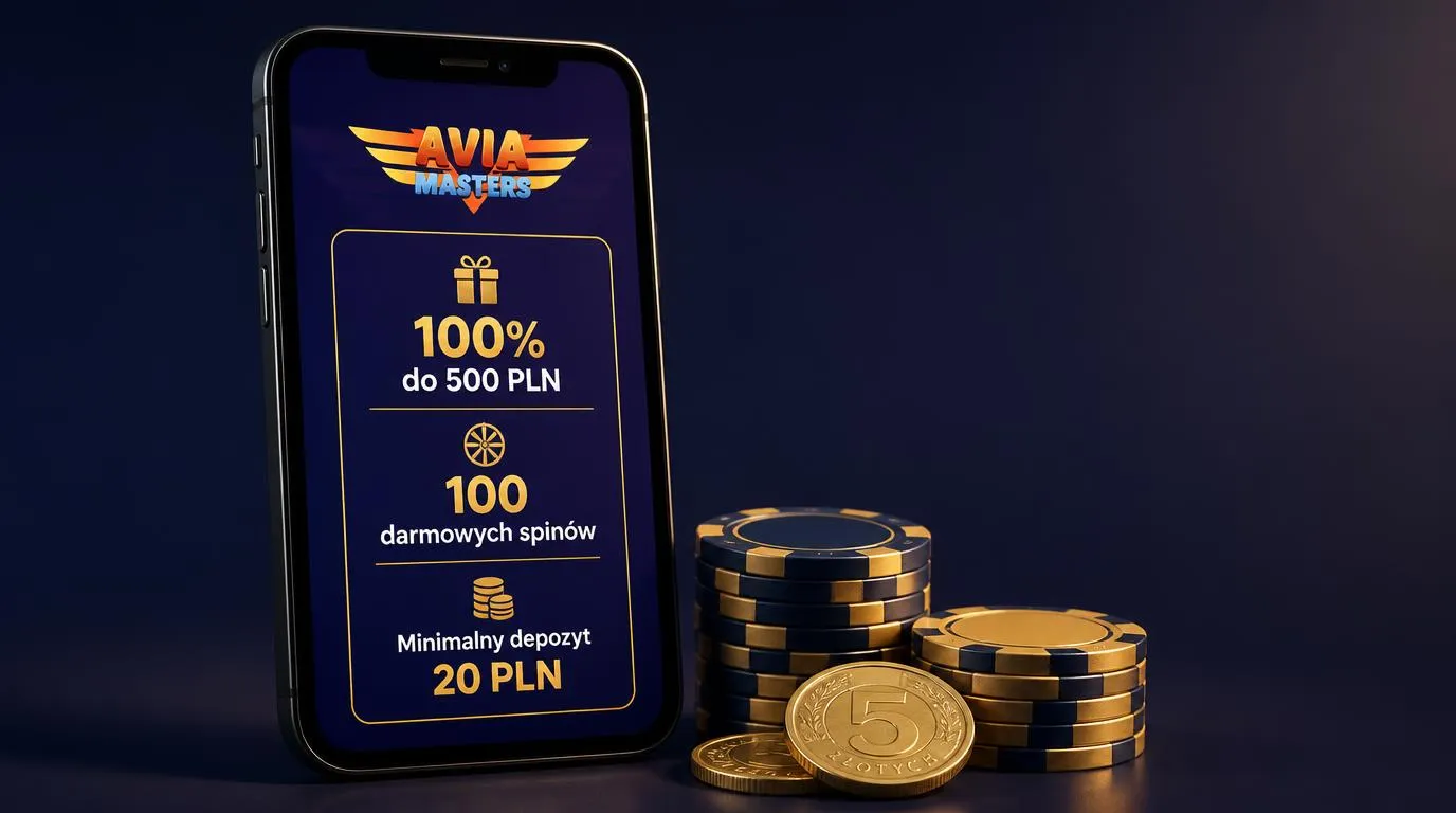 Telefon z ofertą bonusu powitalnego 100% do 500 PLN i 100 darmowych spinów obok żetonów