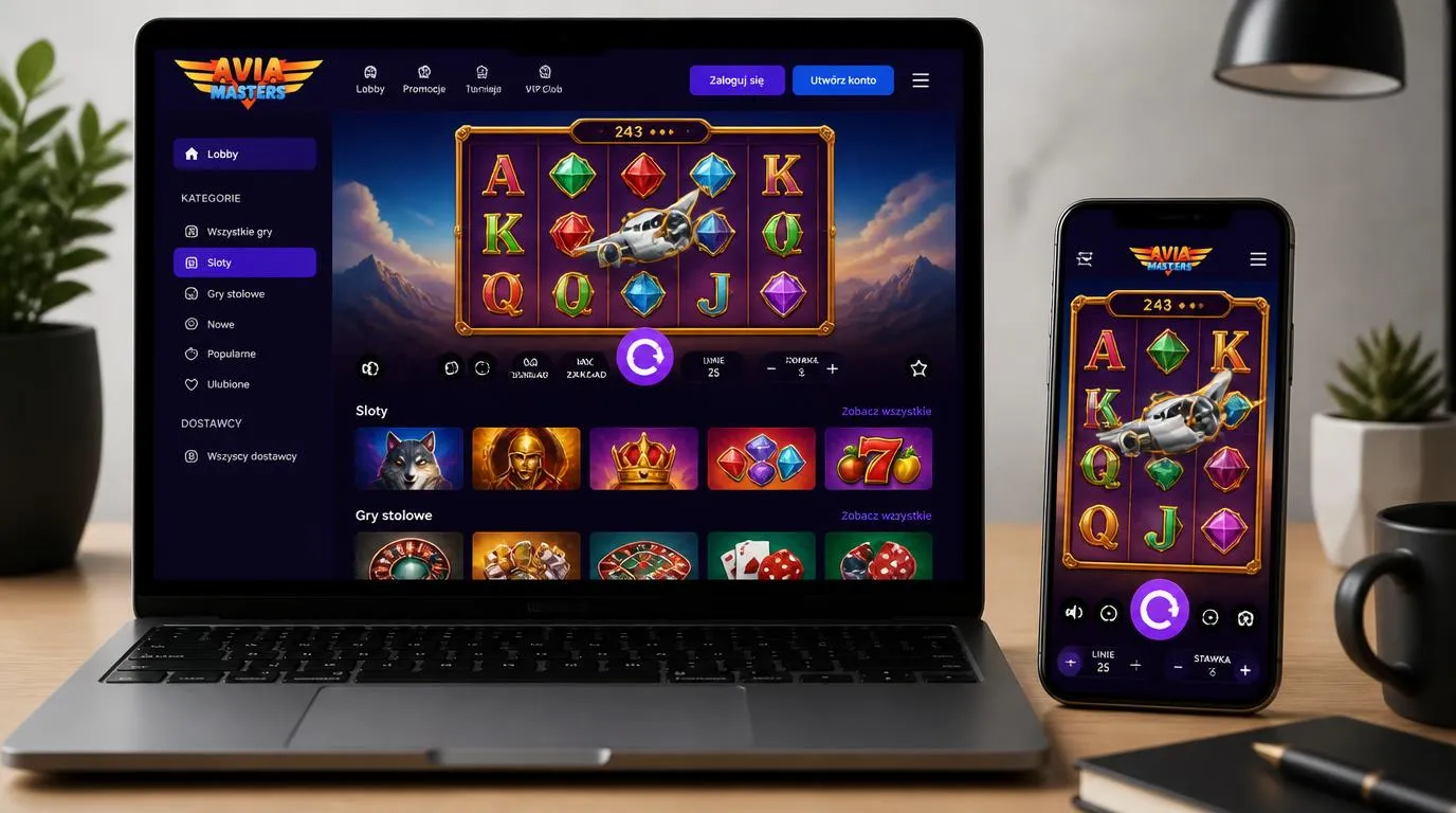 Slot na ekranie laptopa i smartfona obok widoku katalogu gier kasyna