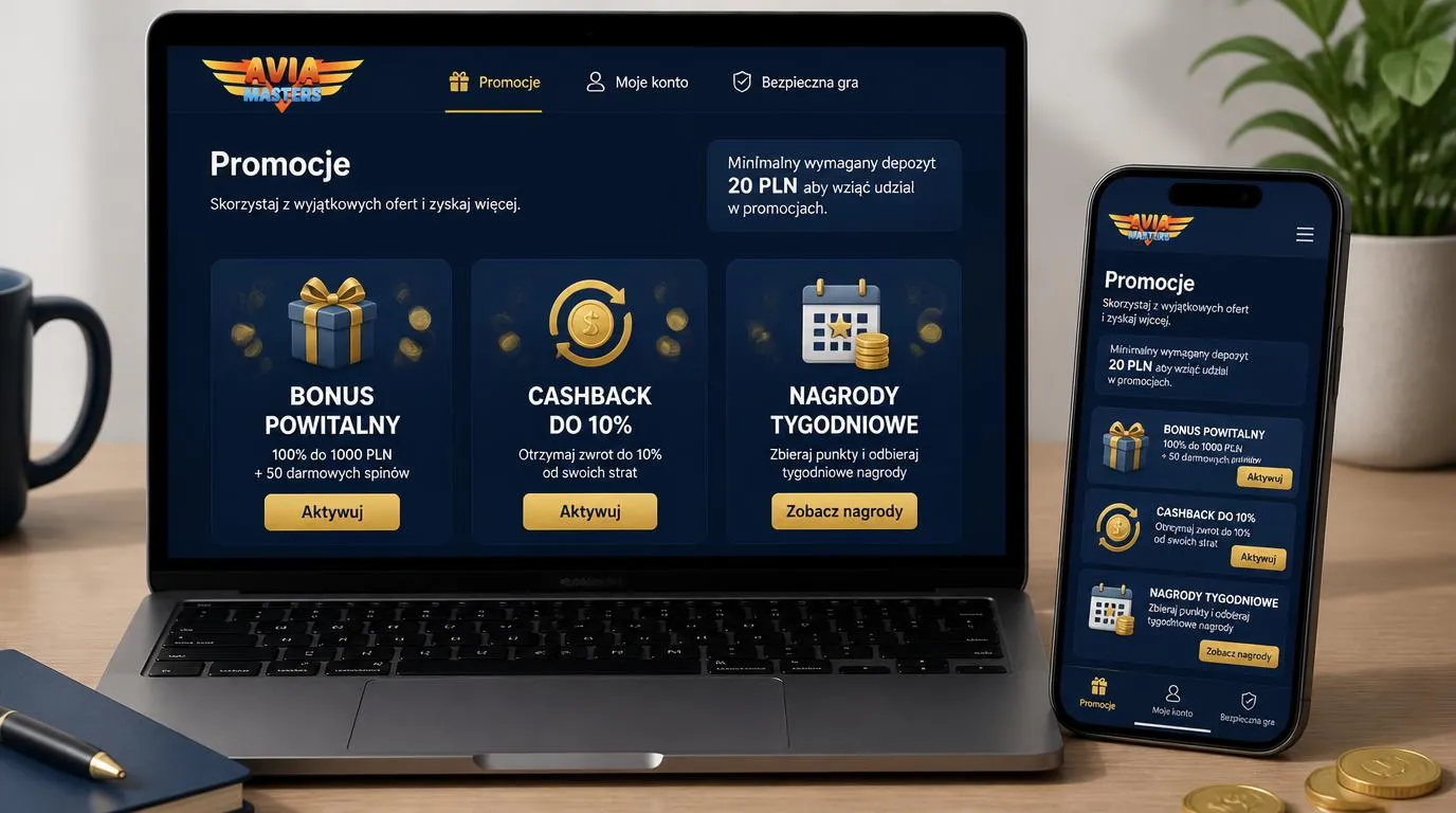 Panel promocji kasyna z ofertą powitalną, cashbackiem i nagrodami tygodniowymi